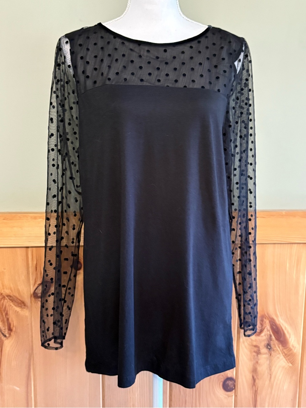 Ann Taylor Black Polka Dot Mesh Yoke Long Sleeve Top NWT size XL